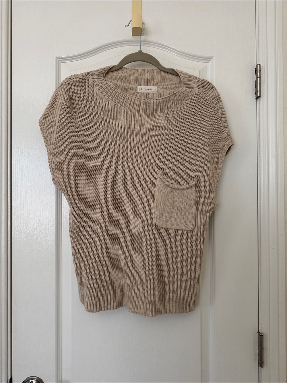 By Together Beige Short-Sleeve Crewneck Sweater with Patch Pocket